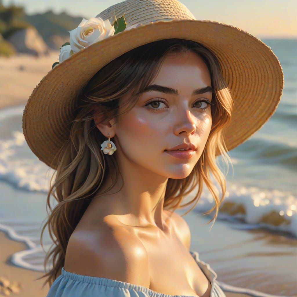 Young Woman on Beach with Roses, Oil Painting