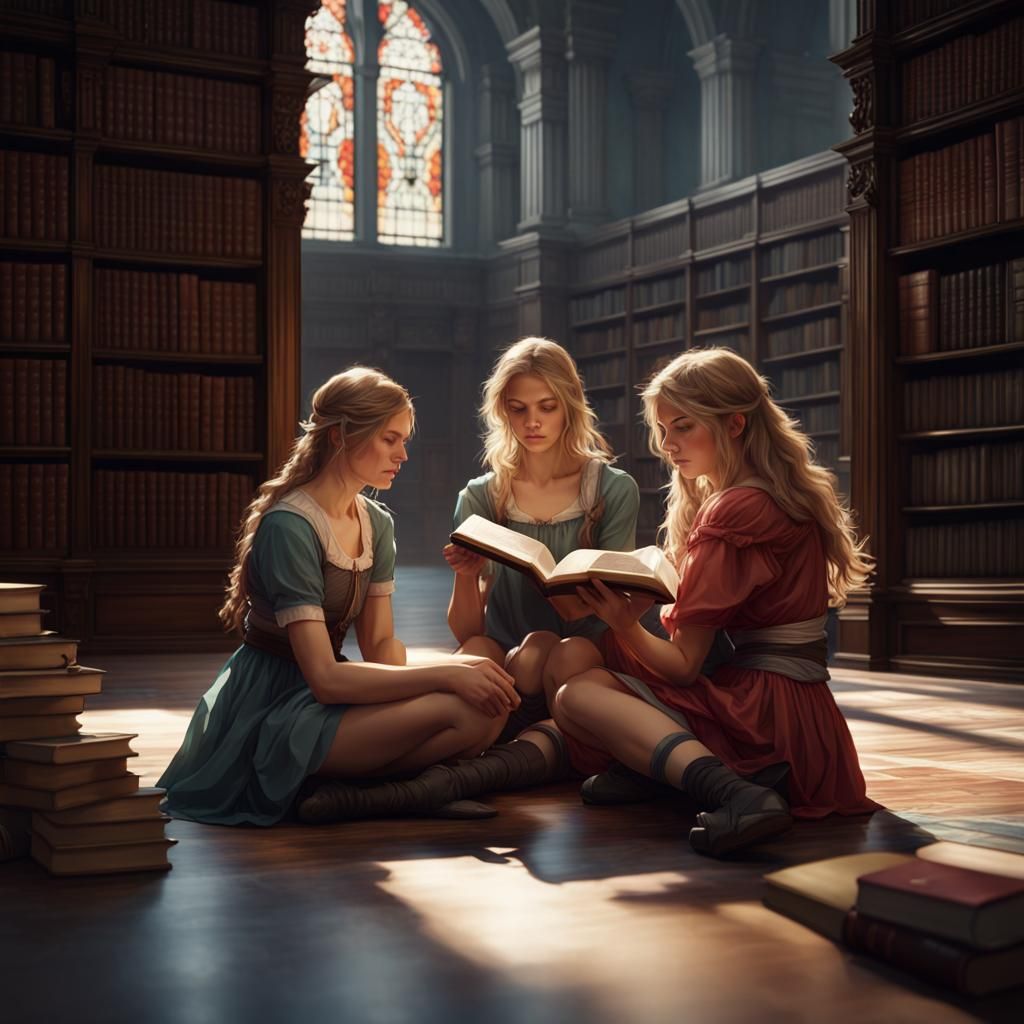 Girls Reading Books in Library, Detailed Portrait