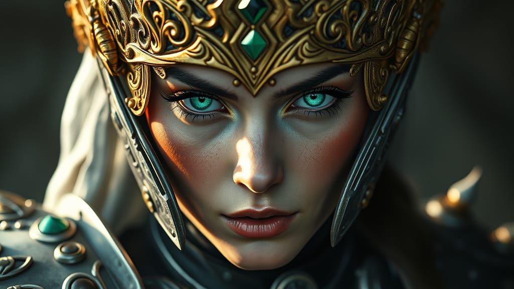 Warrior Queen Portrait With Silver Armor And Emerald Eyes