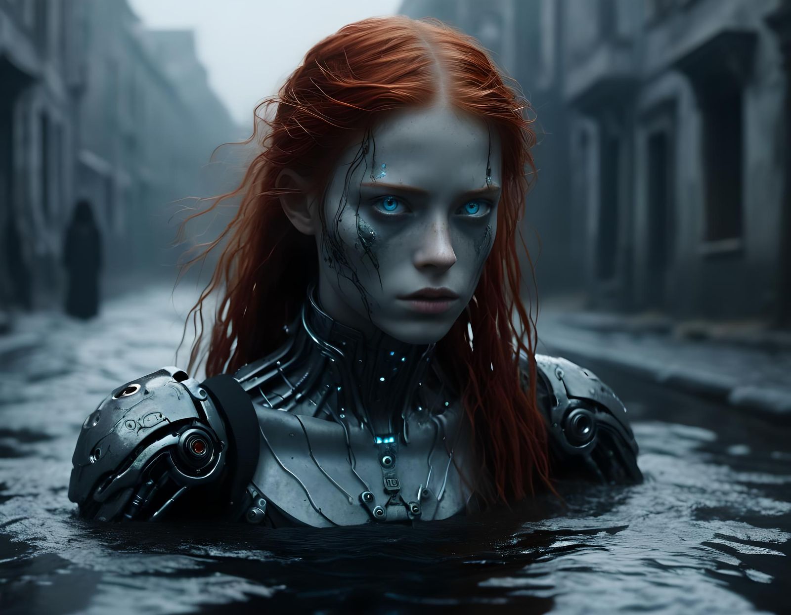 A cyborg woman with red hair and blue eyes walks through the...
