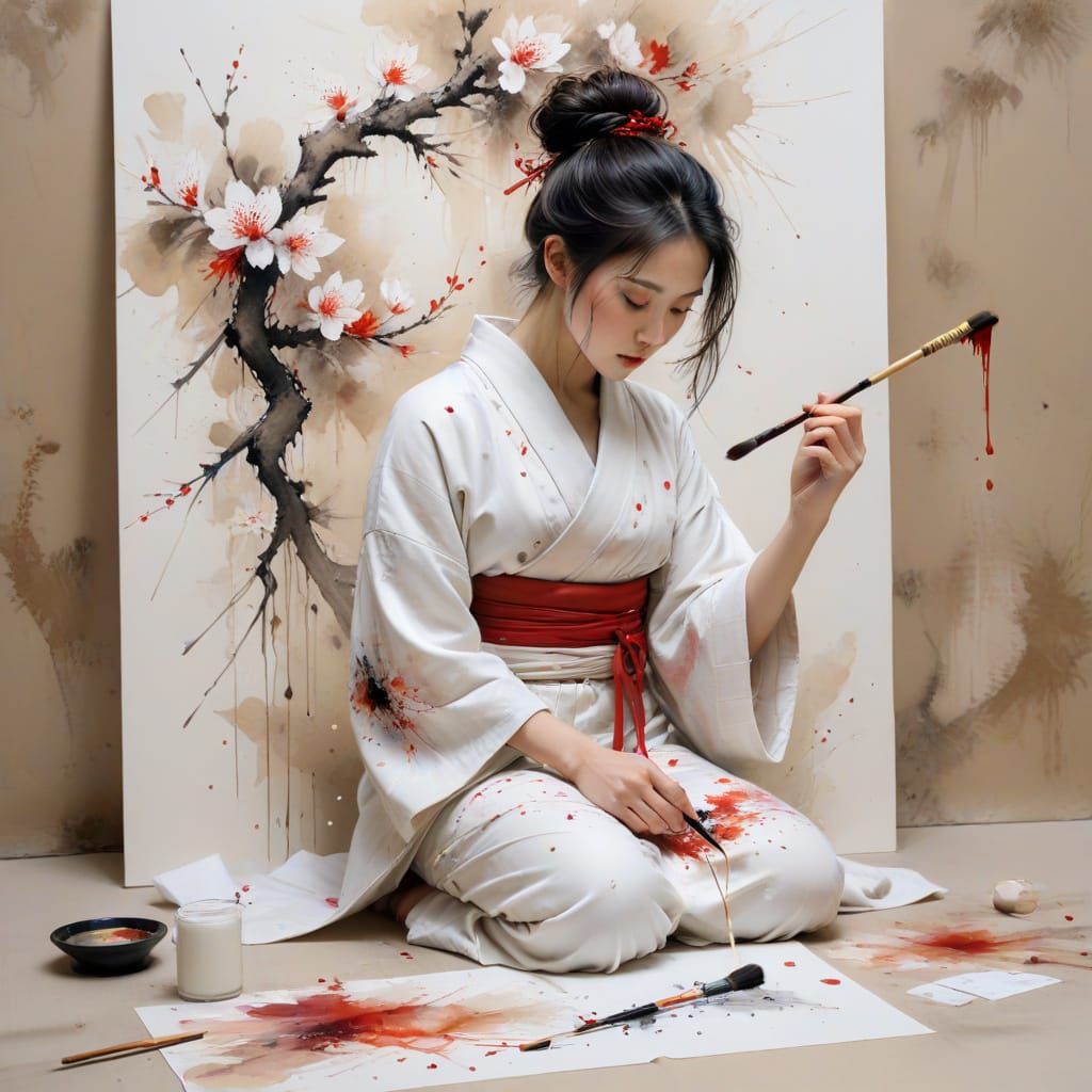 Woman Painting 'Thank You' in Sakura Kimono