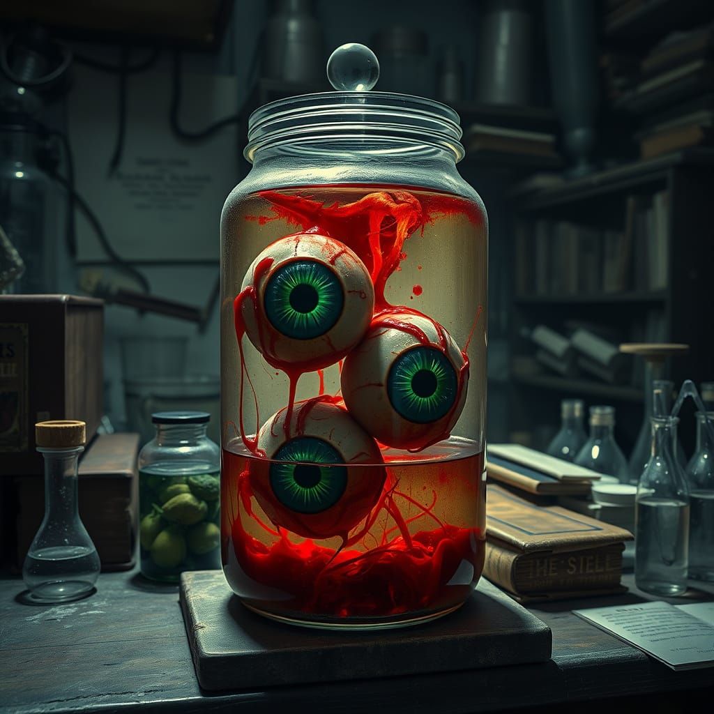 Bloody Eyeballs in Eerie Lab Jar