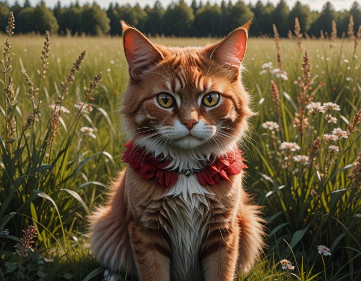 Stunning Red Feline Maiden Sits in Serene Meadow