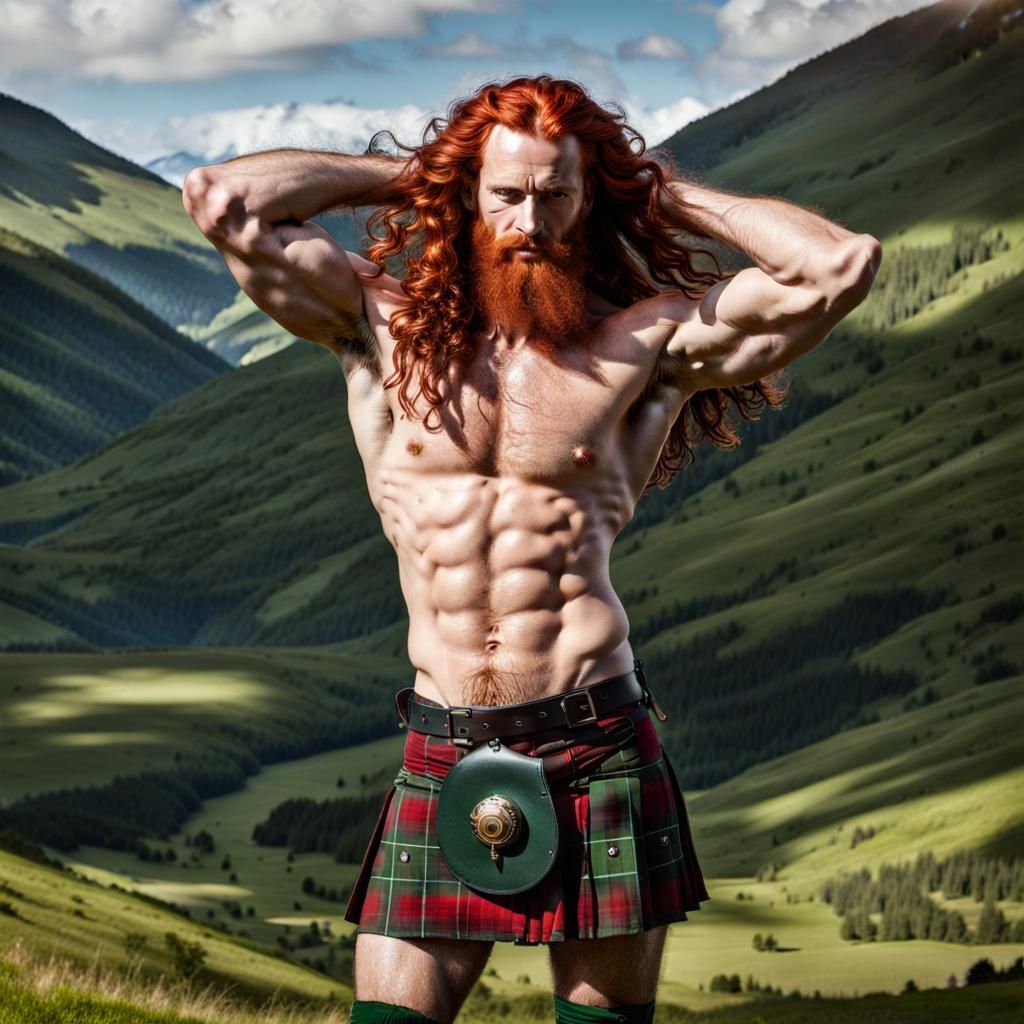 Young Man in Kilt in Green Mountains