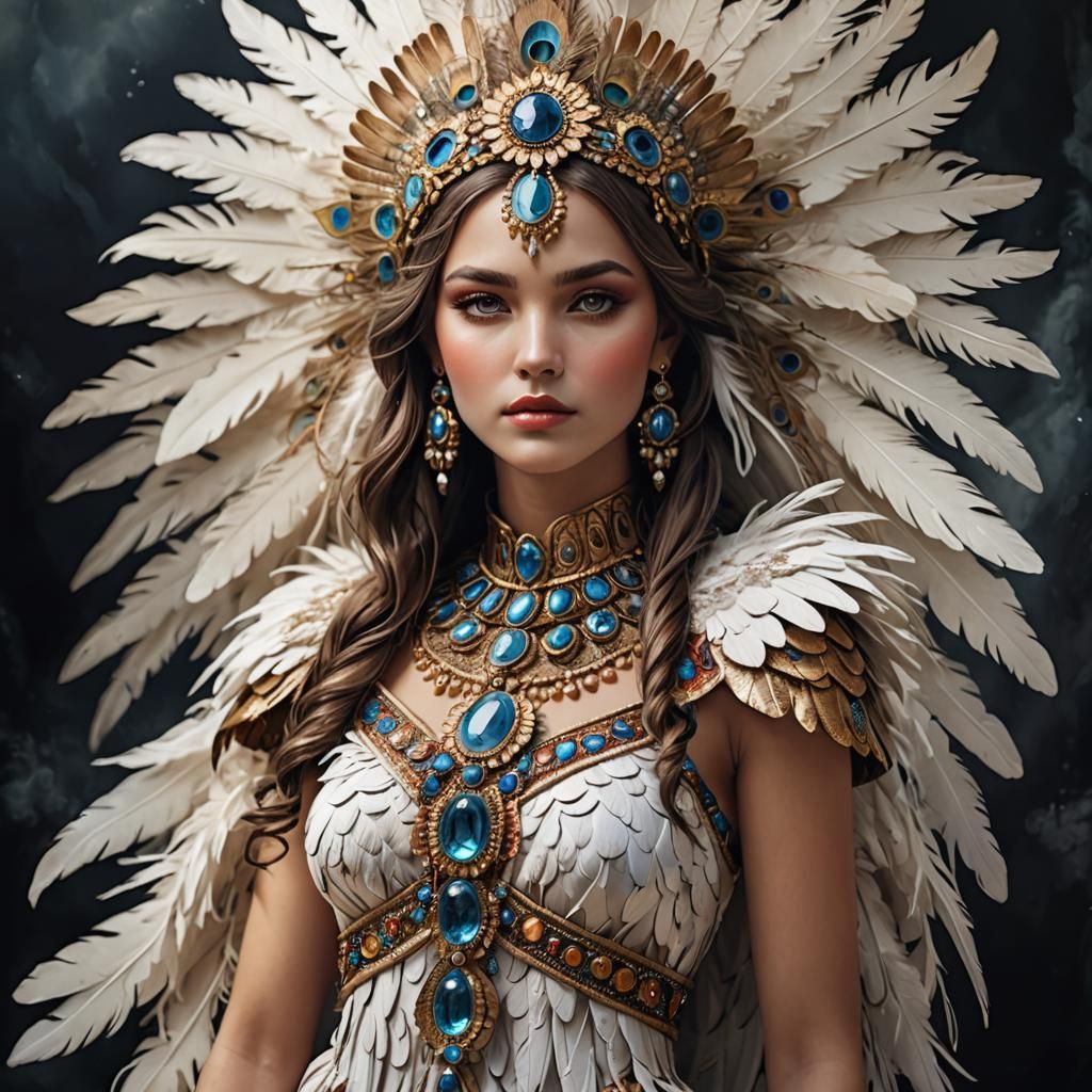 Goddess in Feather Dress: Ethereal Beauty