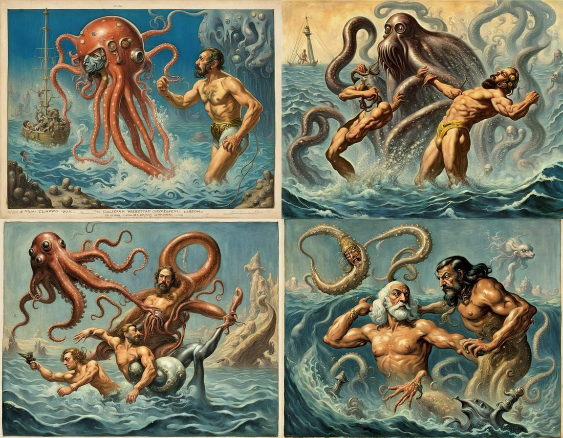 Captain Nemo Battles Squid: Vintage Underwater Laboratory