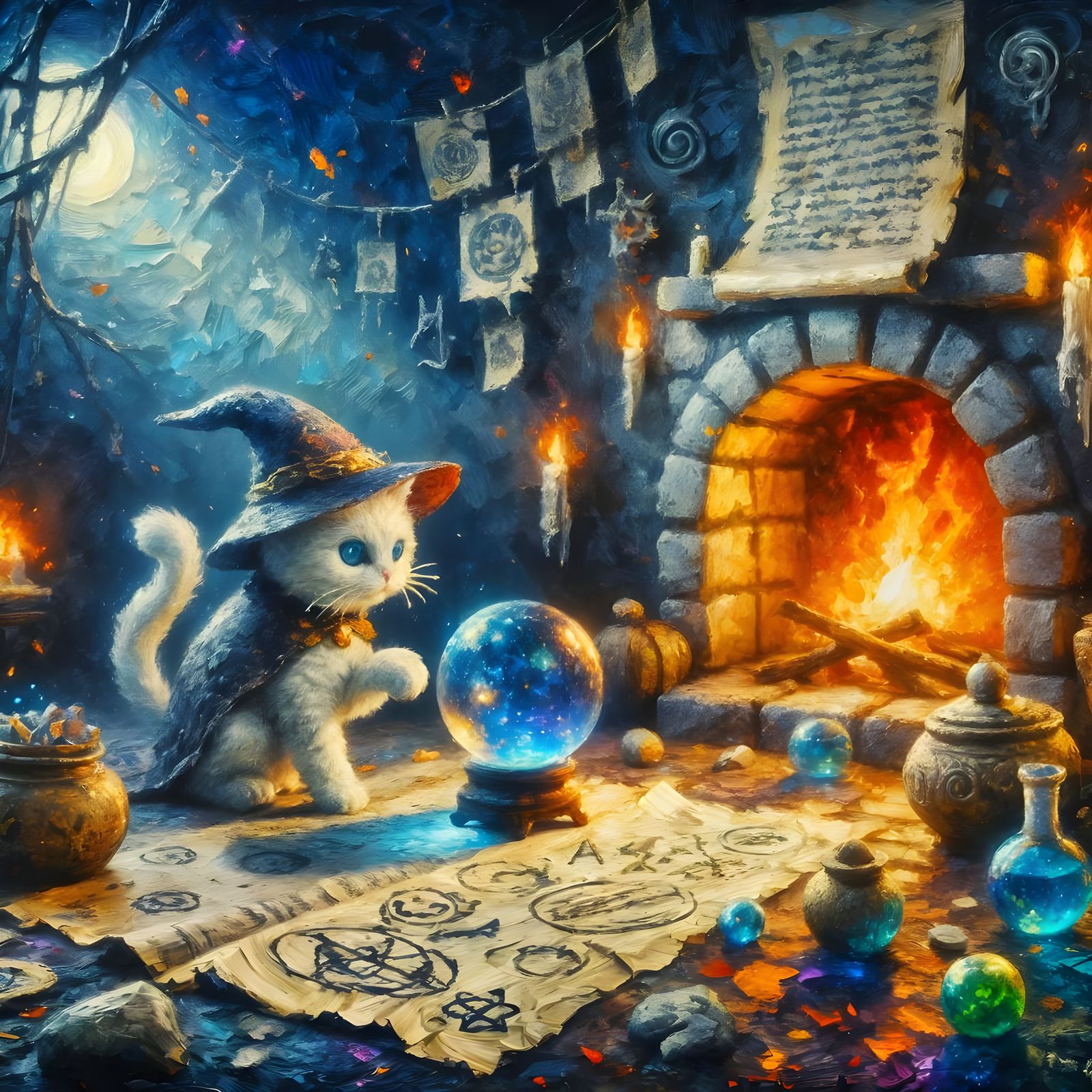 Whimsical Impasto Painting of a Cat Sorcerer