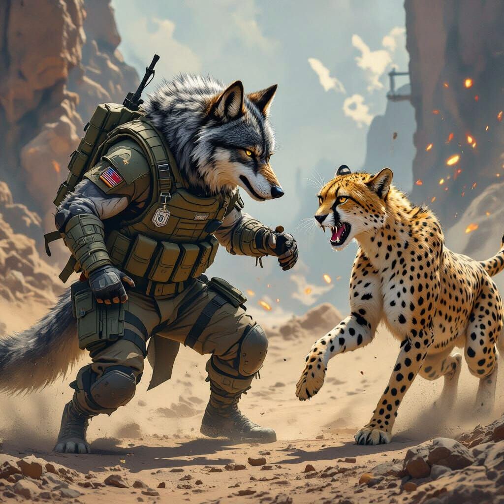Wolf-Dragon Hybrid Battles Cheetah in Dystopian Landscape