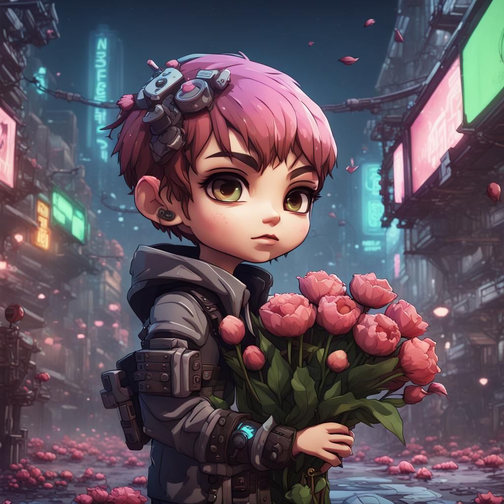 Chibi Romance in Cyberpunk City, Digital Matte Painting