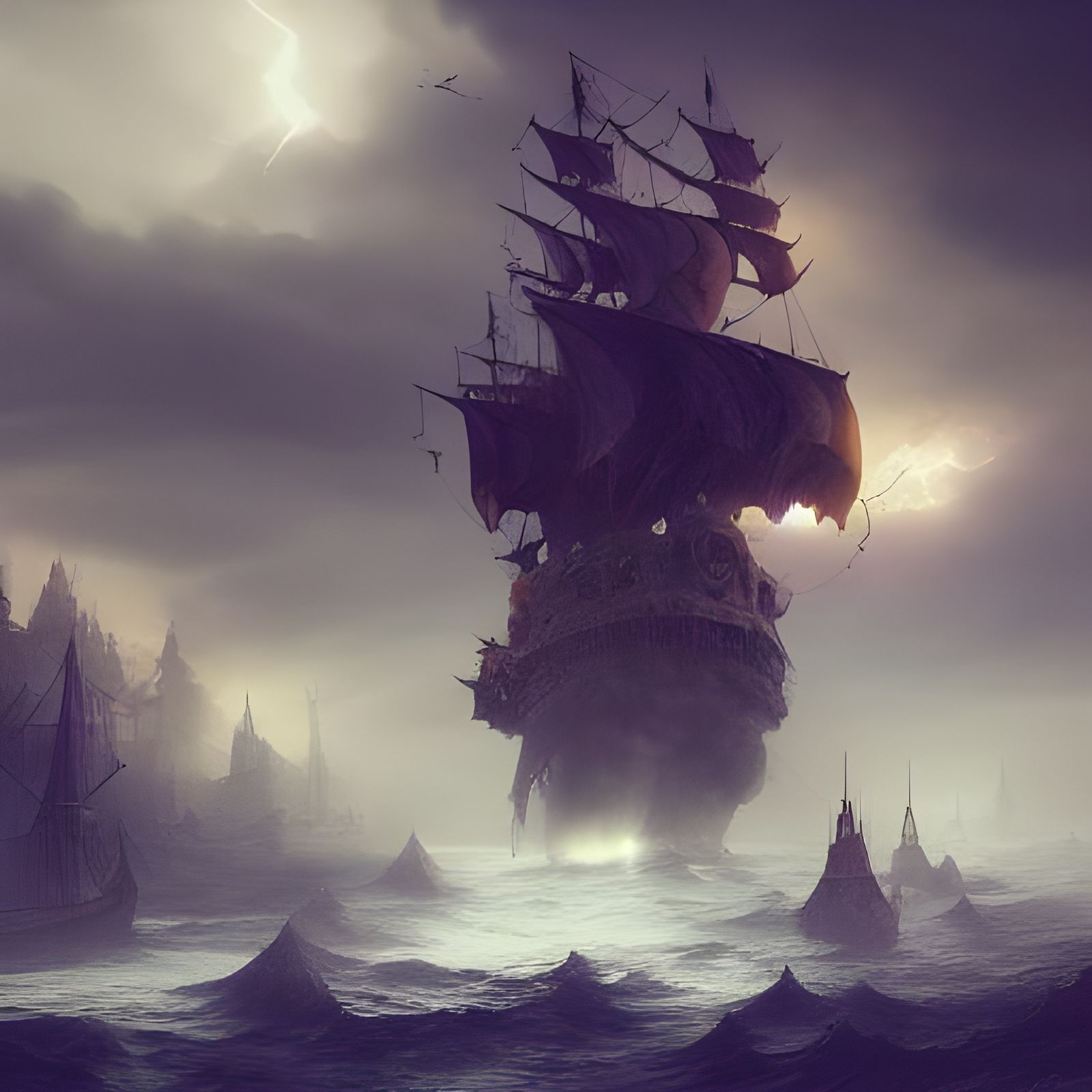 Flying Pirate Ship Amidst Stormy Chaos