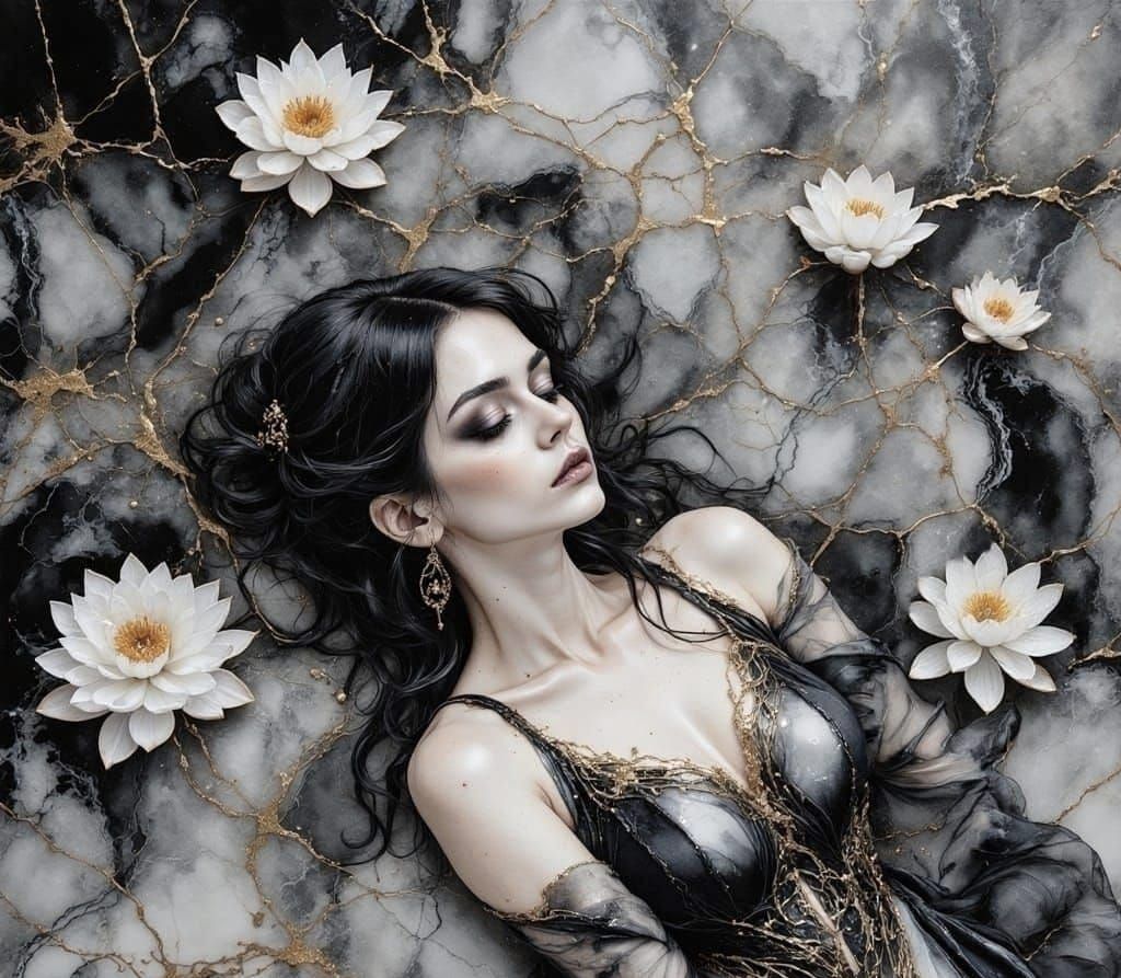 Gothic Woman in Pond: Watercolor and Ink Portrait