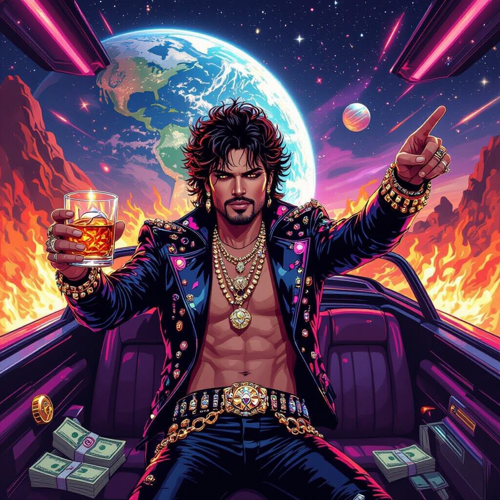 Charismatic Rockstar in Space Car with Earth View