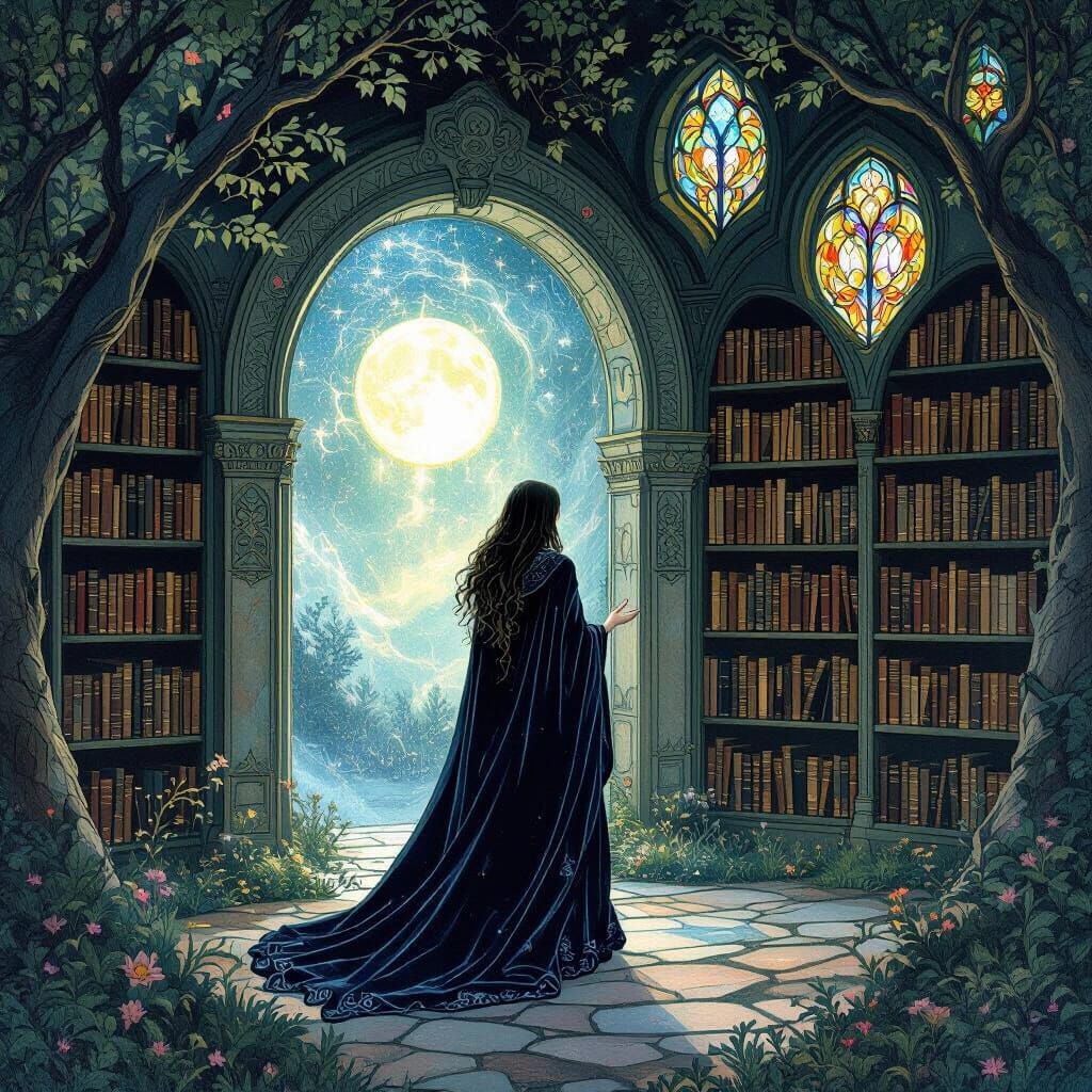 Celestial Library Portal in a Moonlit Grove