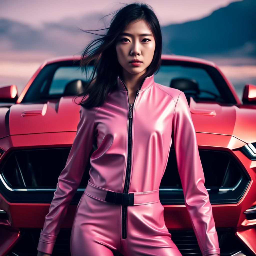 Japanese Woman in Pink Latex Suit with Mustang GT
