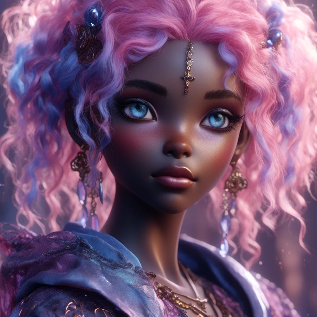 Pastel Watercolor Portrait of Black Doll with Pink Hair