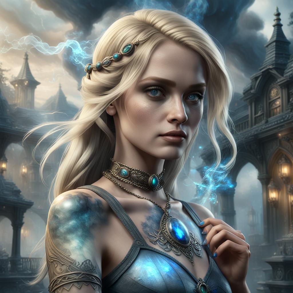 Woman with Labradorite Tattoo in Ethereal Lighting