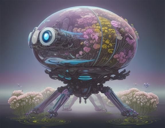 Robotic Cat Skeleton in Floral Surrealism