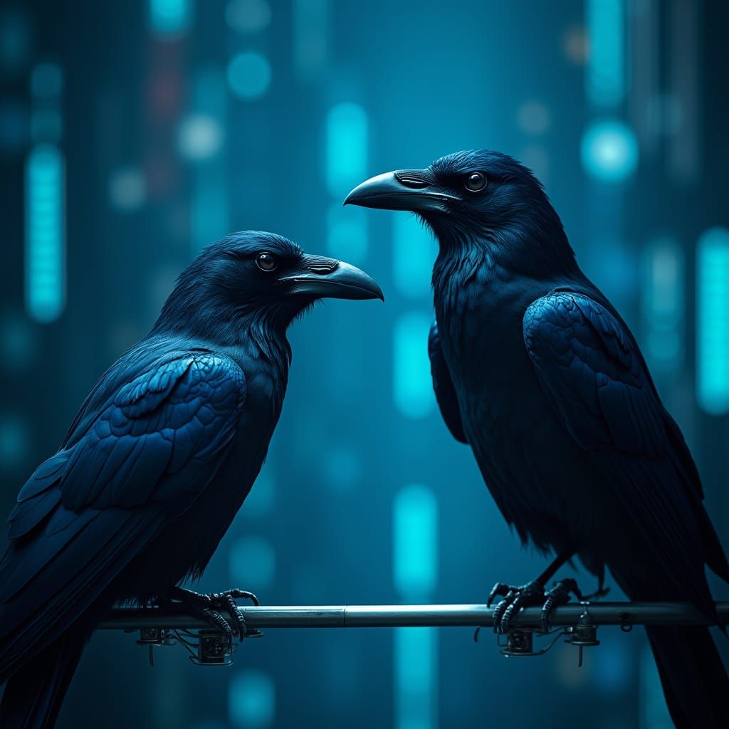Futuristic Turquoise AI Background with Ravens