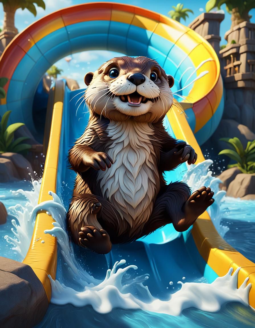 Happy Otter on Waterslide: Vibrant Digital Art