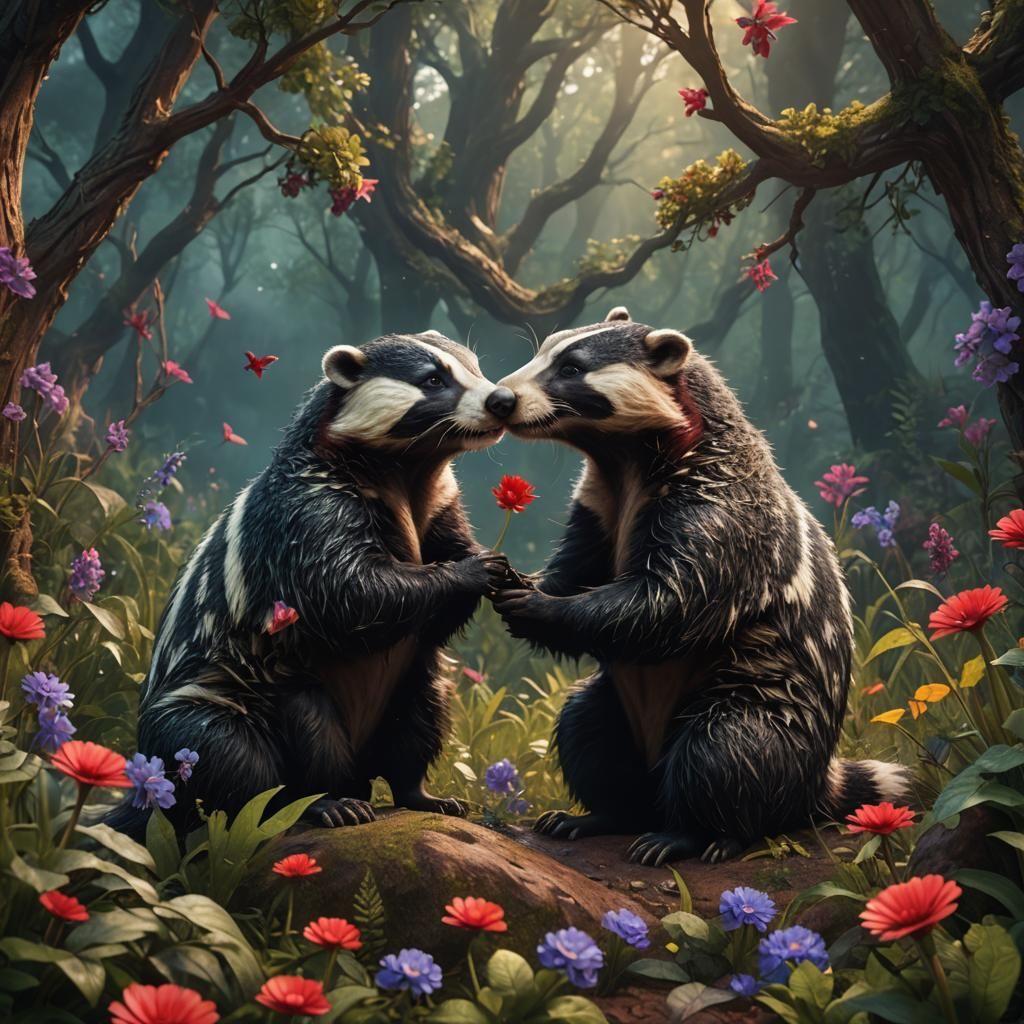 Fantastical Badgers Kissing in Detailed Matte Painting
