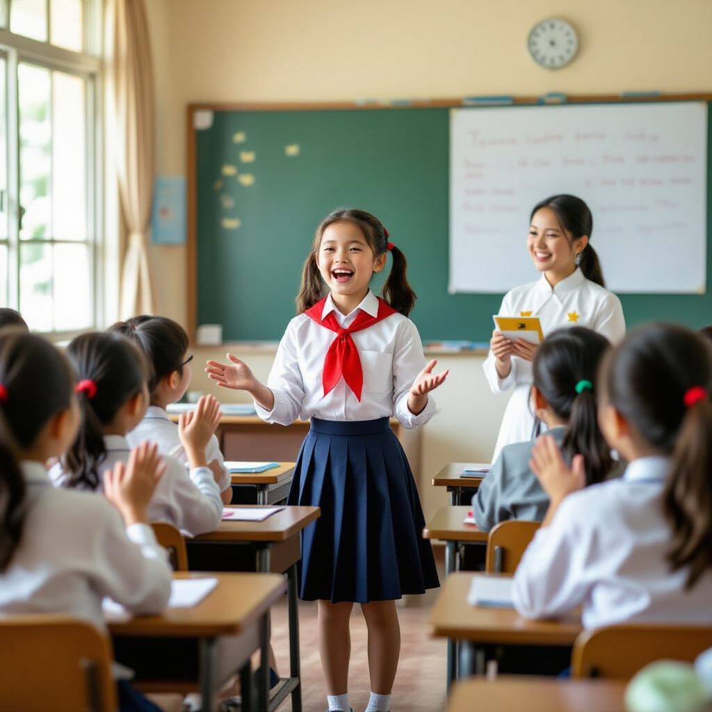 Vietnamese Schoolgirl Joyfully Sings in Classroom
