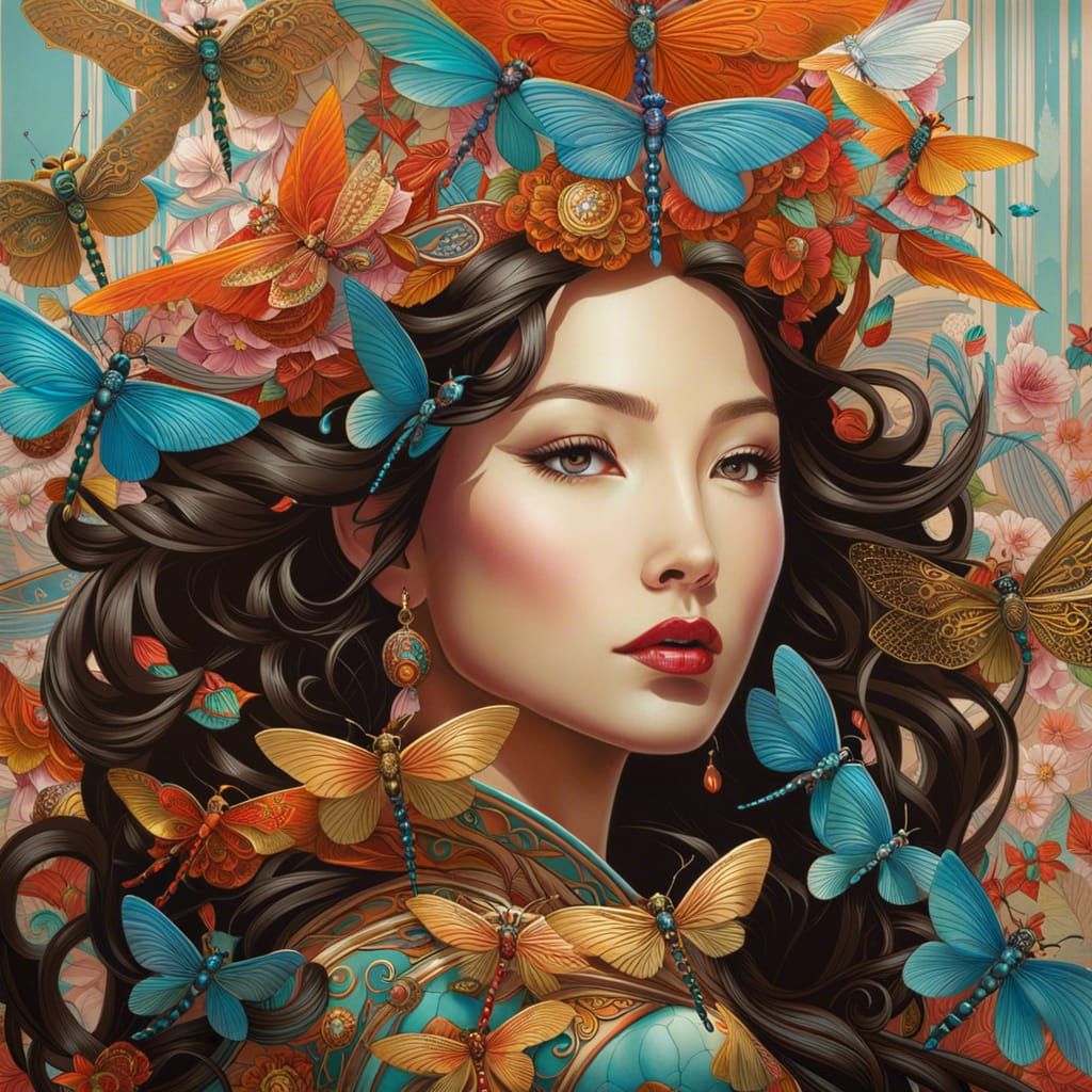 Chinese Woman with Dragonflies in Fantasy Realism