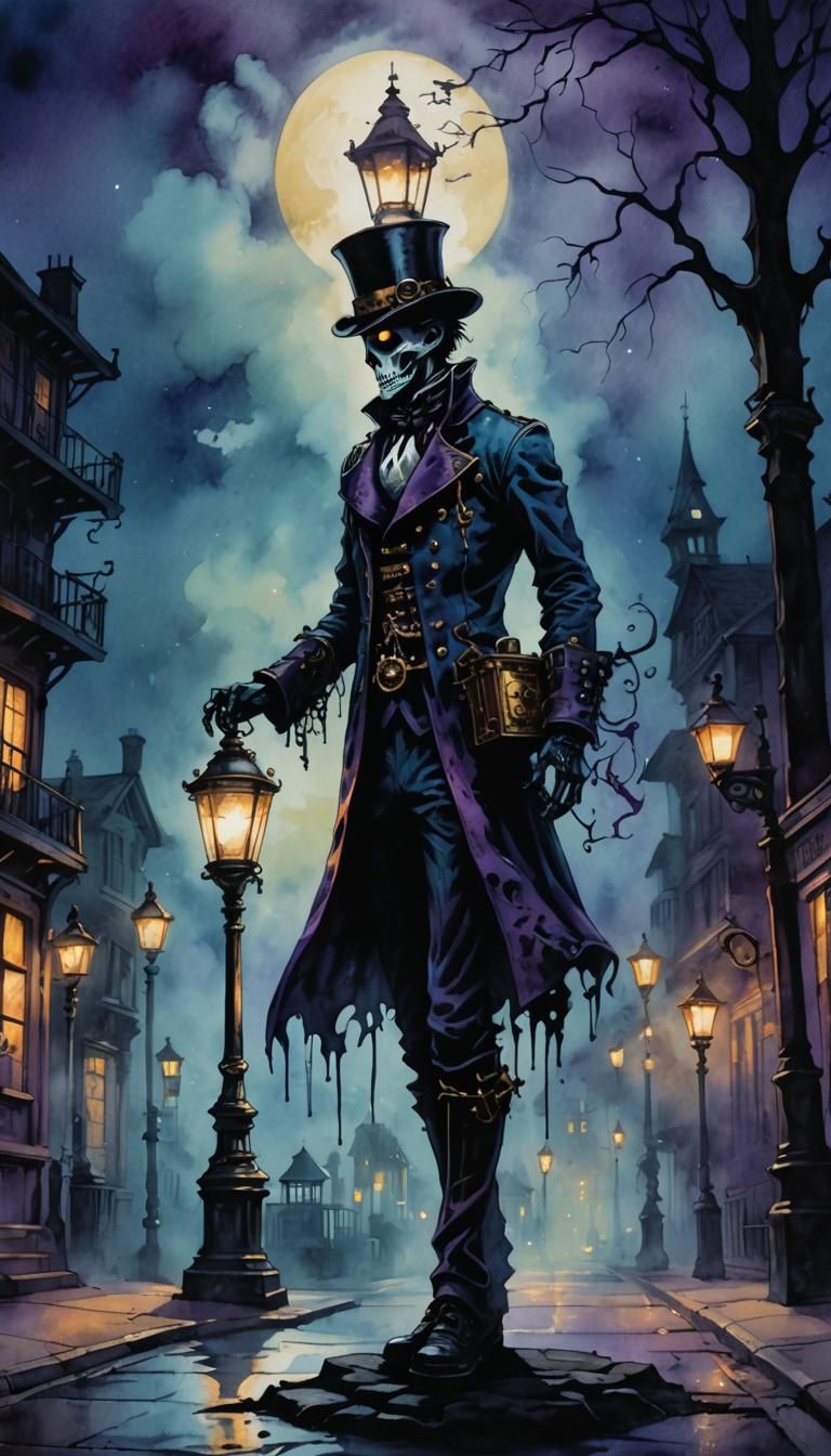 Eerie Steampunk Ghost Silhouette in Ink Painting Style