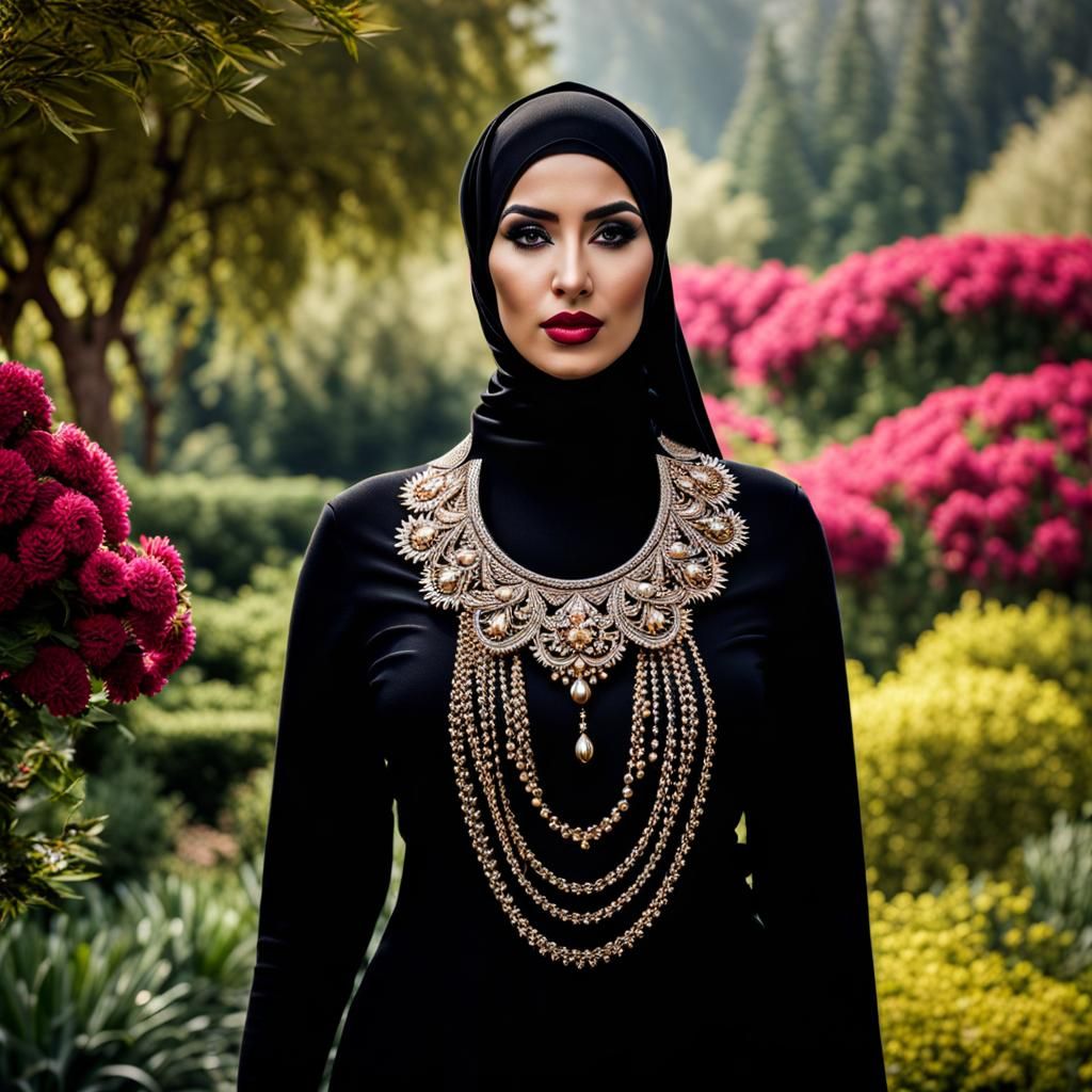Woman in Hijab in Garden, Hyperrealistic Image