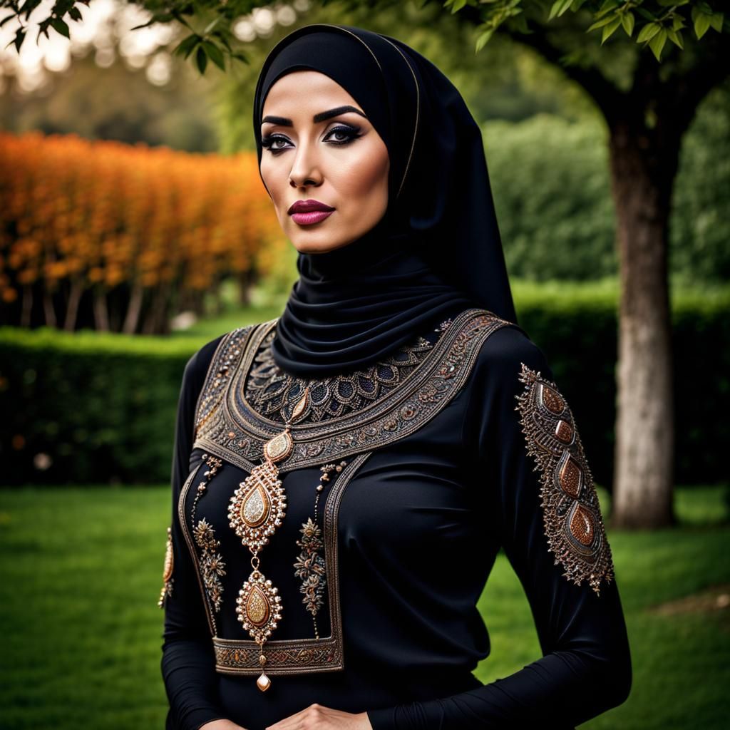 Beautiful Hijabi Woman with Curvy Figure in Garden