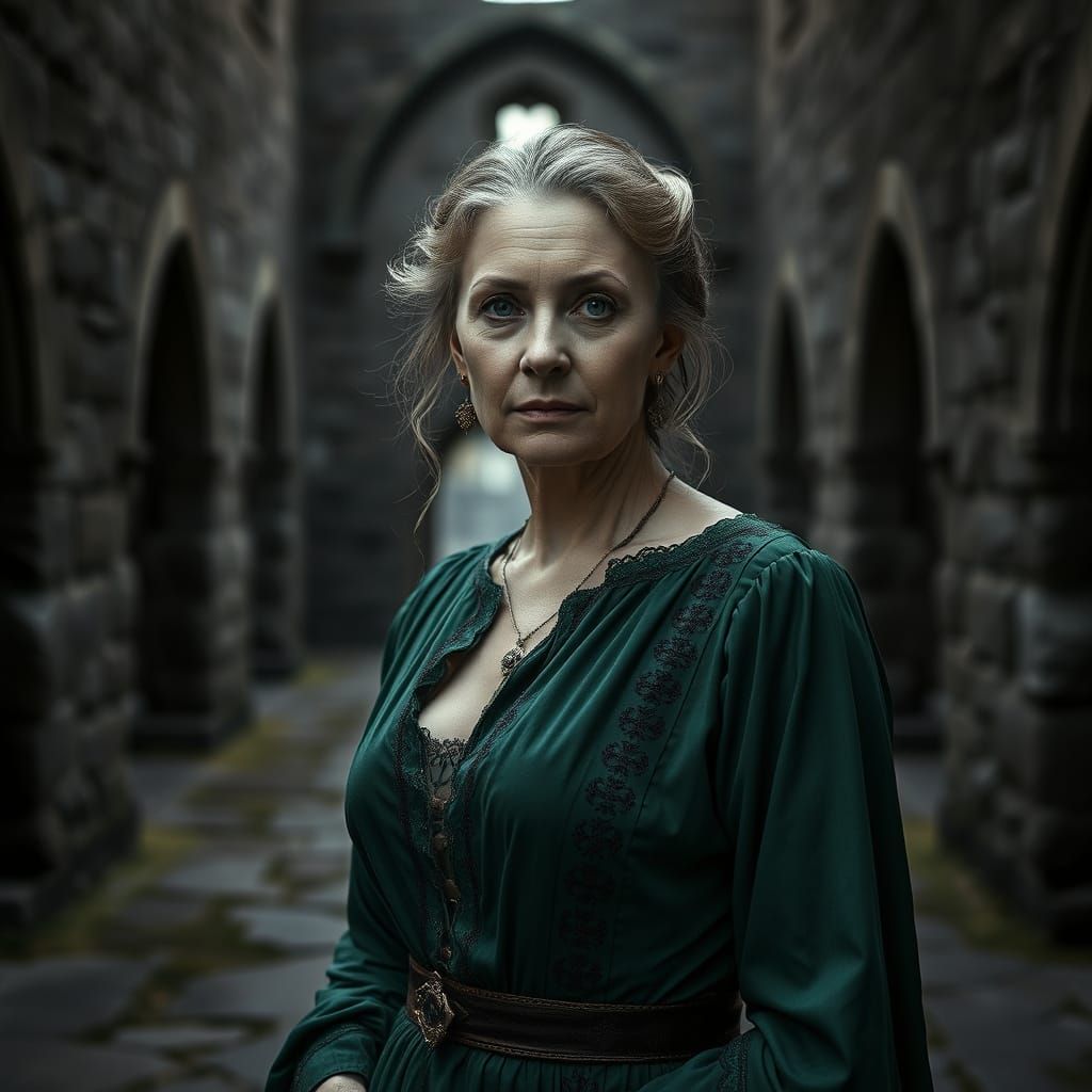 Monochrome Portrait of Woman in Medieval Emerald Dress