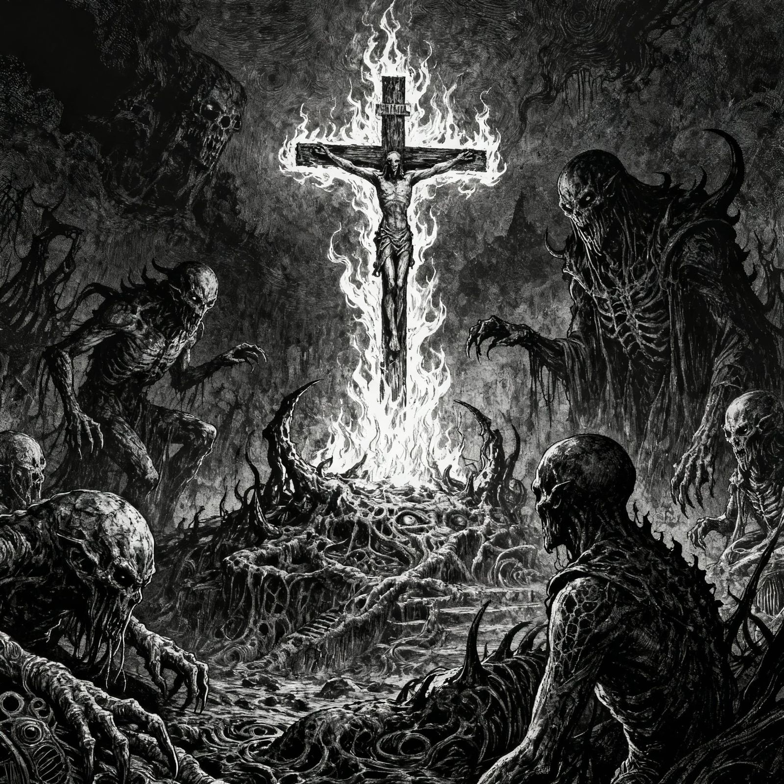 Hellish Demons & Fiery Cross: Dark Metal Art
