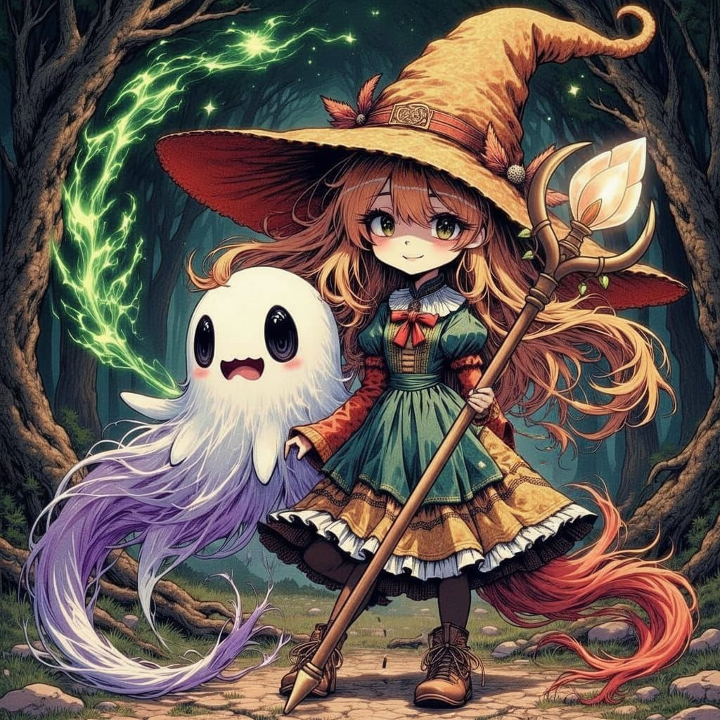 80s Anime Style Witch and Ghost Girls Adventure
