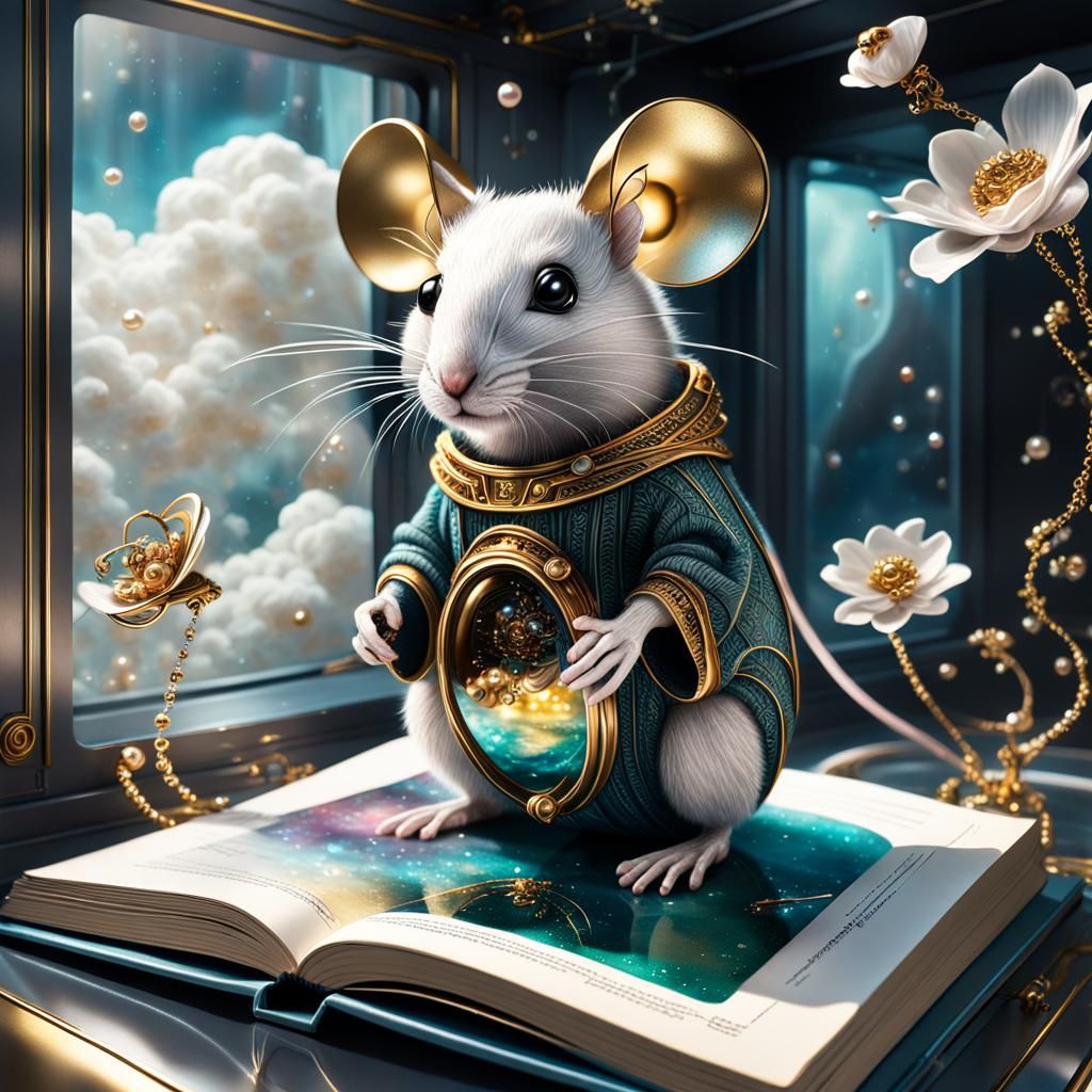 Wool Mouse in Science Book: Hyperrealistic Splash Art