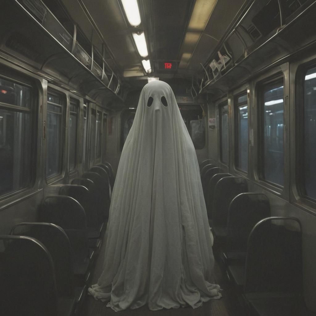 Ghostly Commute: Spectral Figure on City Train