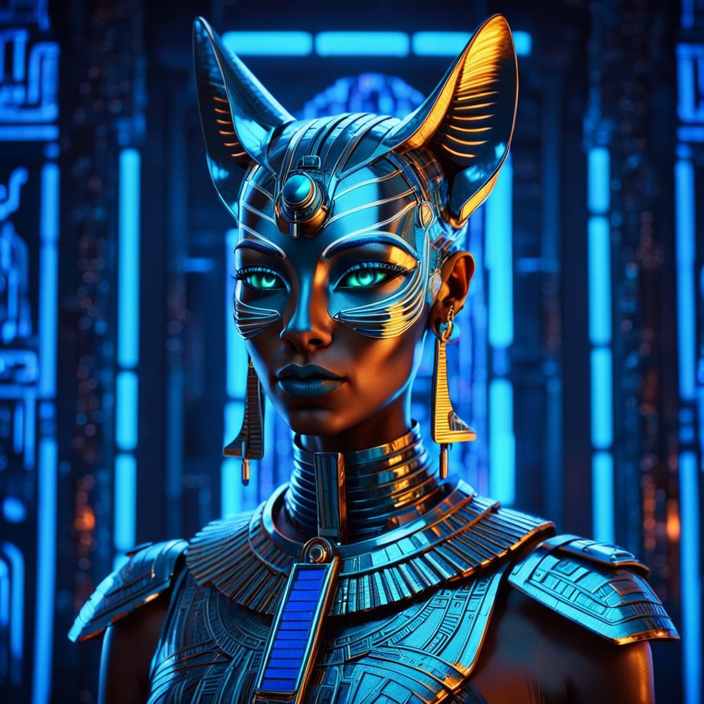 Cyberpunk Bastet: Chrome Goddess in Neon Temple