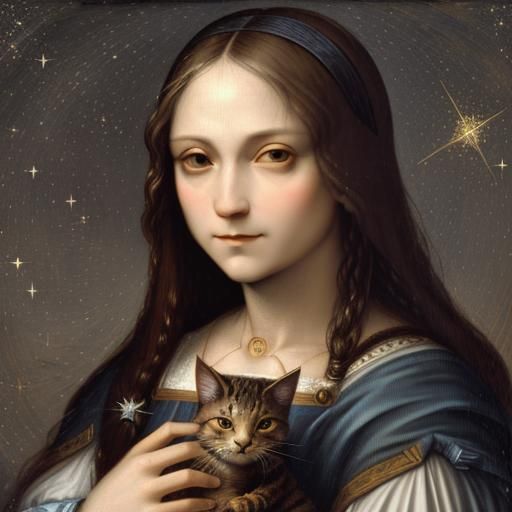 Da Vinci Self Portrait With Cat Amidst Sparkling Stars