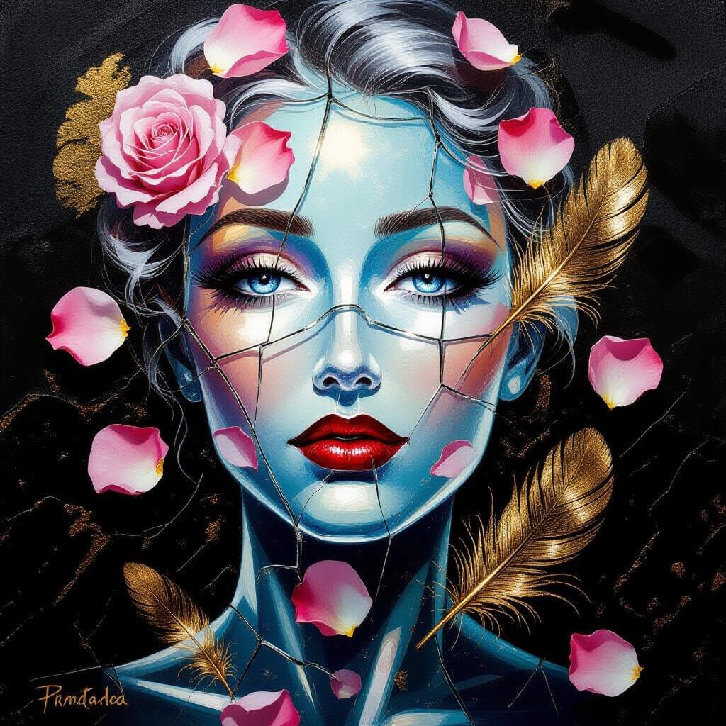 Glass Woman Portrait with Rose Petals and Gold