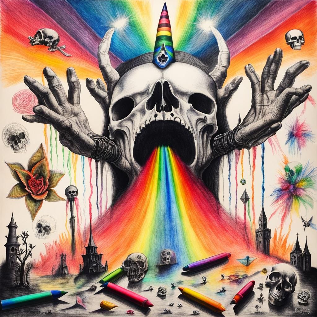 Surreal Crayon Drawing of Goth Woman in Darkness