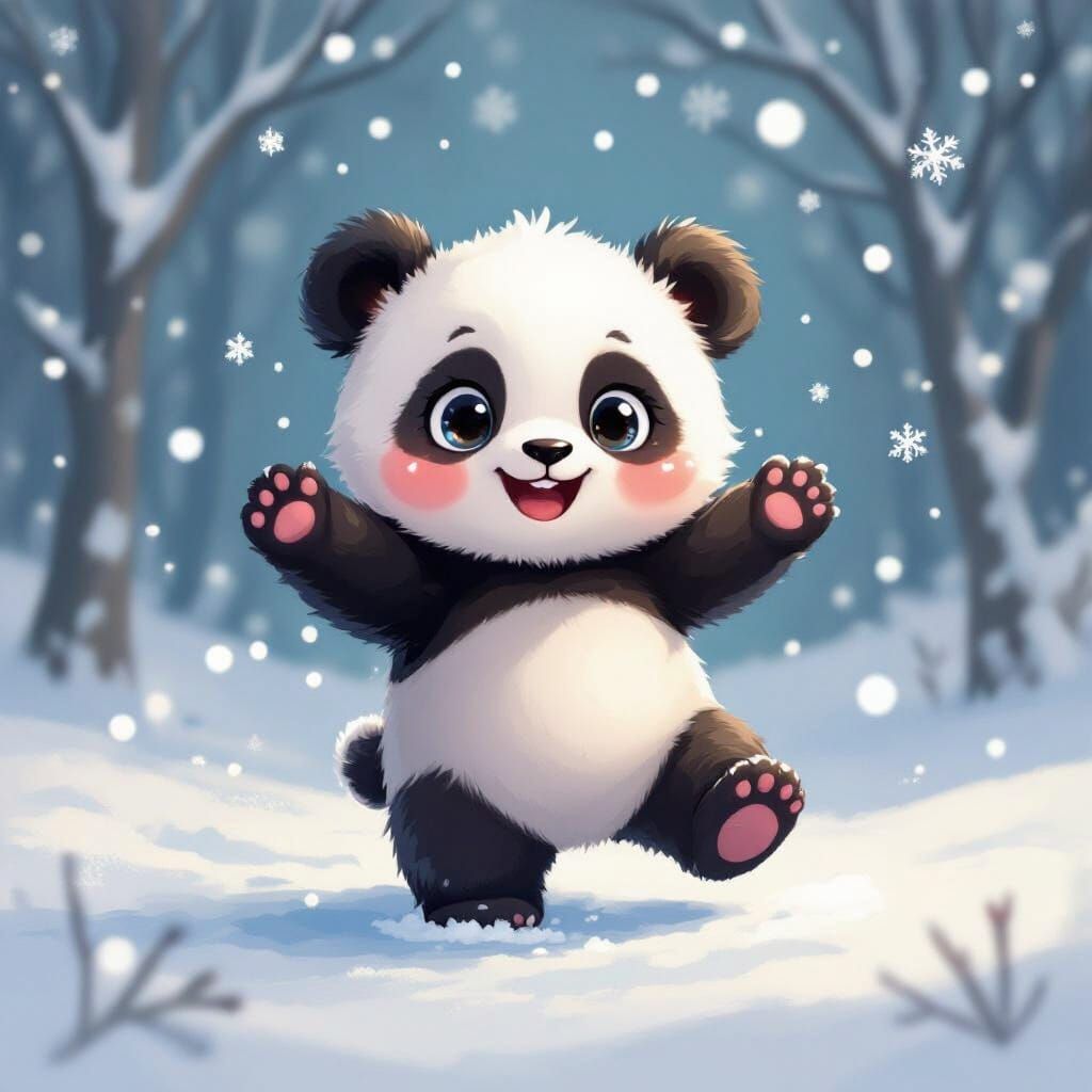 Cute Panda Playing in Snow, Kawaii Chibi Style