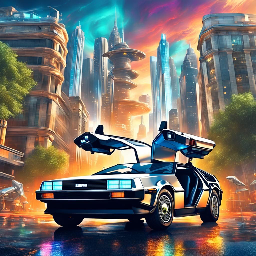 DeLorean Time Machine in a Futuristic City