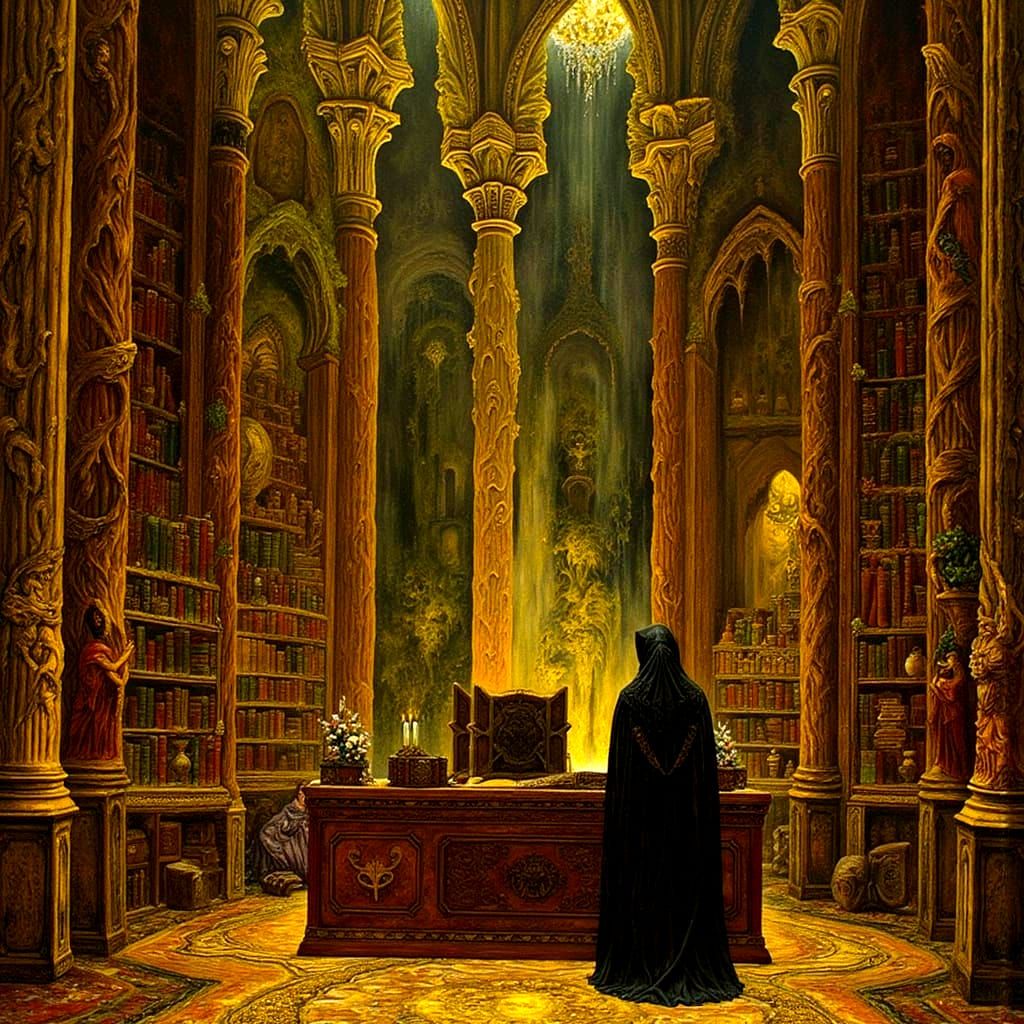 Gothic Library: Scholar's Baroque Oil Painting