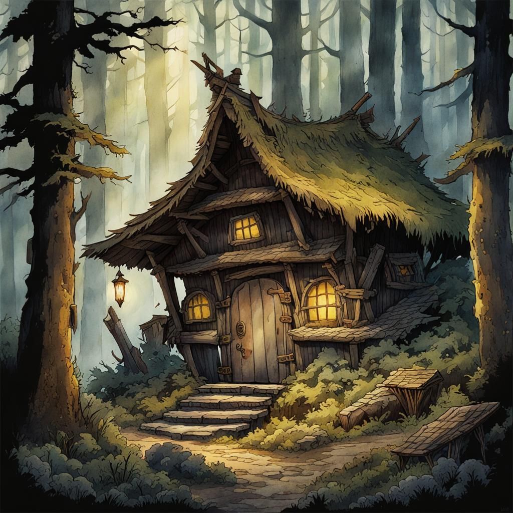 Weathered Dwarf Hut in Dark Forest Watercolour