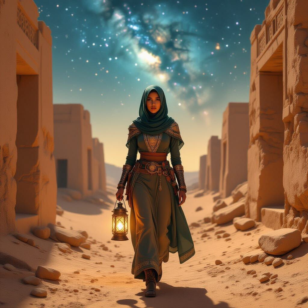 Futuristic Emirati Woman in Desert Ruins
