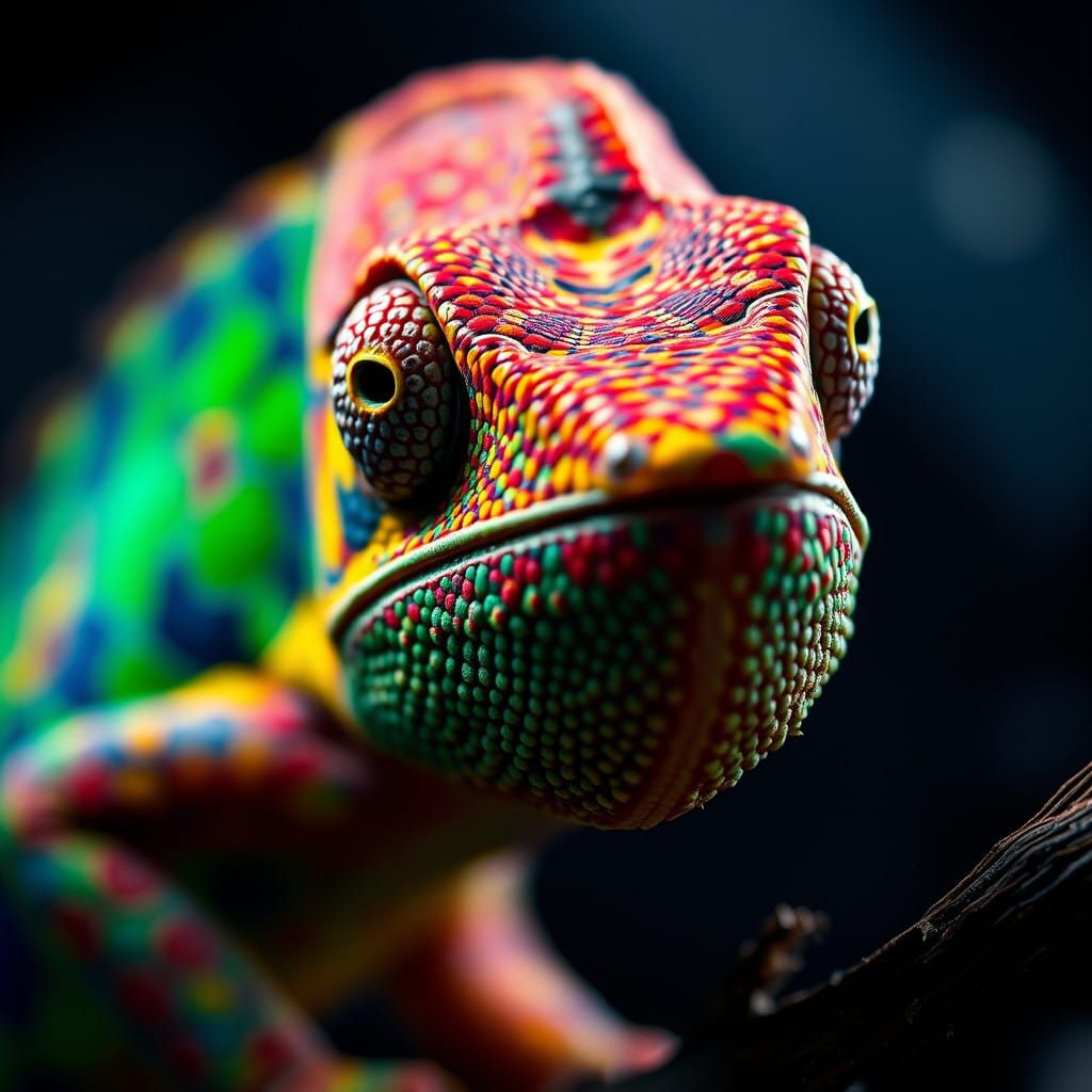 Intricately Detailed Chameleon Hyperrealistic Portrait, Dark...
