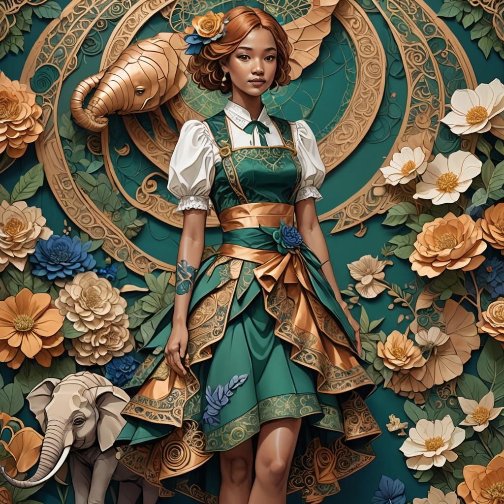 Woman in Origami Apron with Art Nouveau Flowers