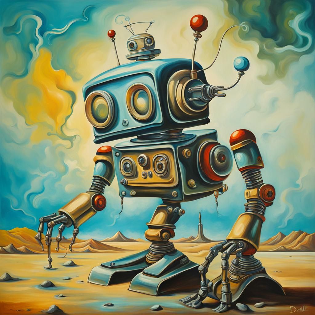 Surreal Retro Robot in Melting Oil