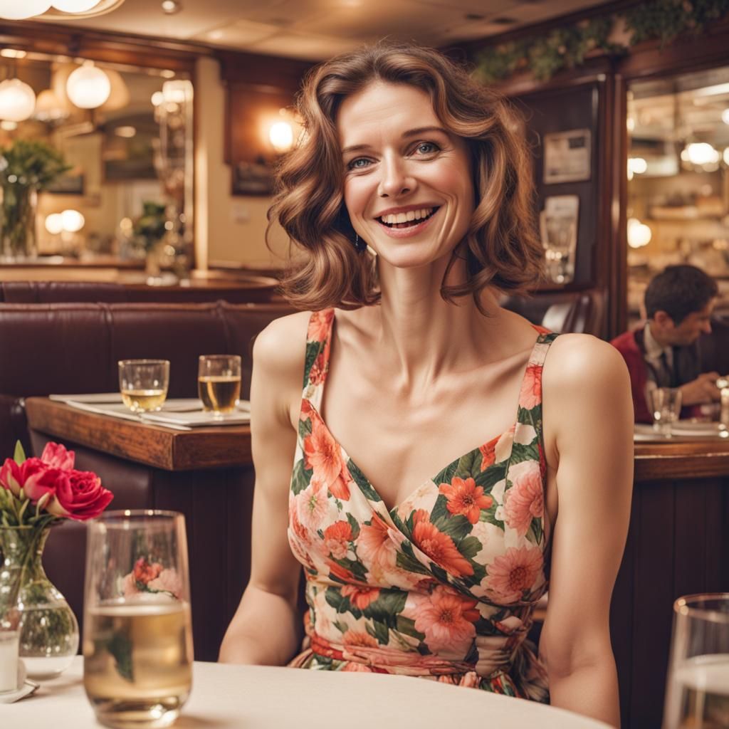 Woman in Floral Dress at Restaurant