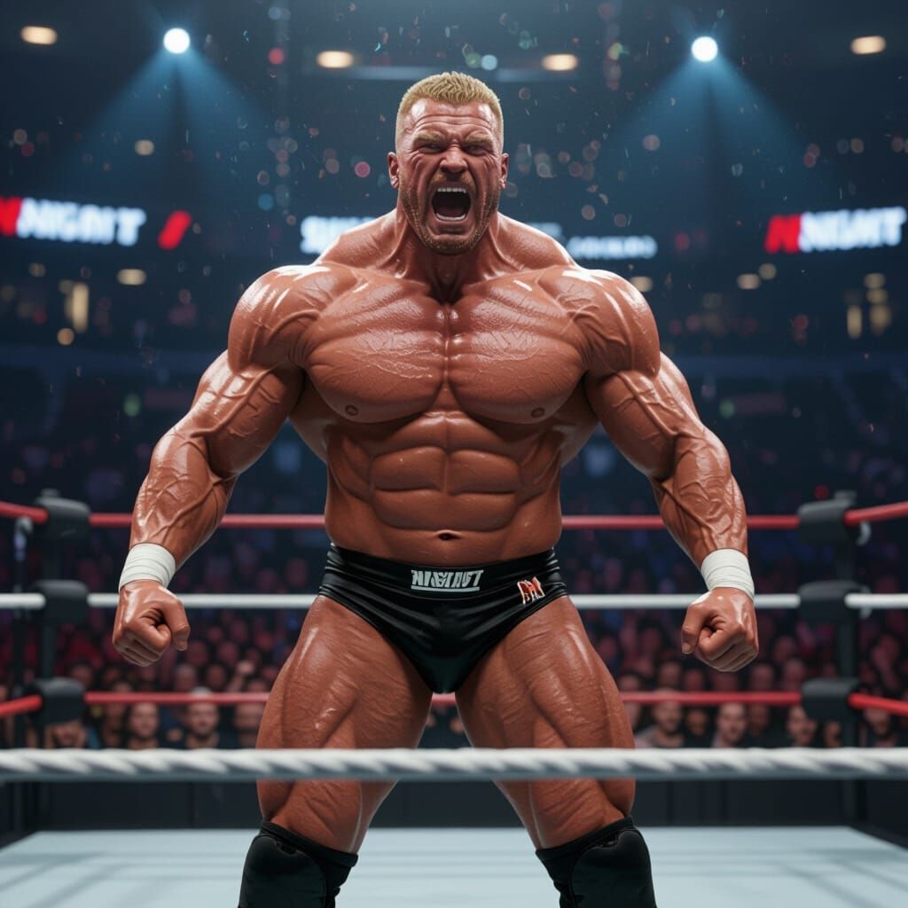 Muscular Wrestler "Man Mountain Meat" in Dynamic Ring Lighti...