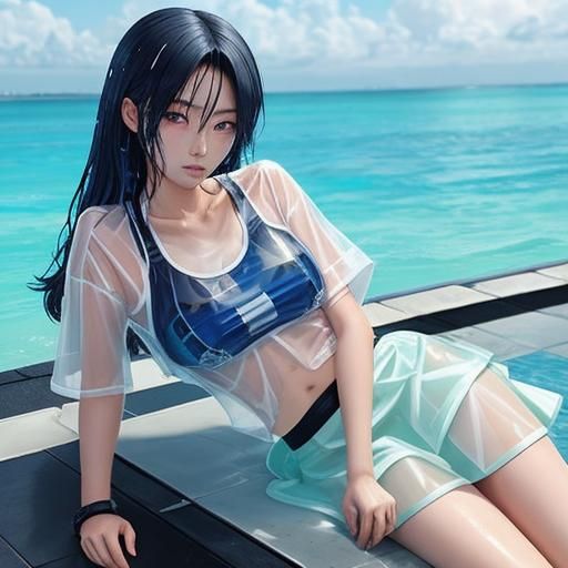 Anime Girl in Wet Bikini Lying on Boy