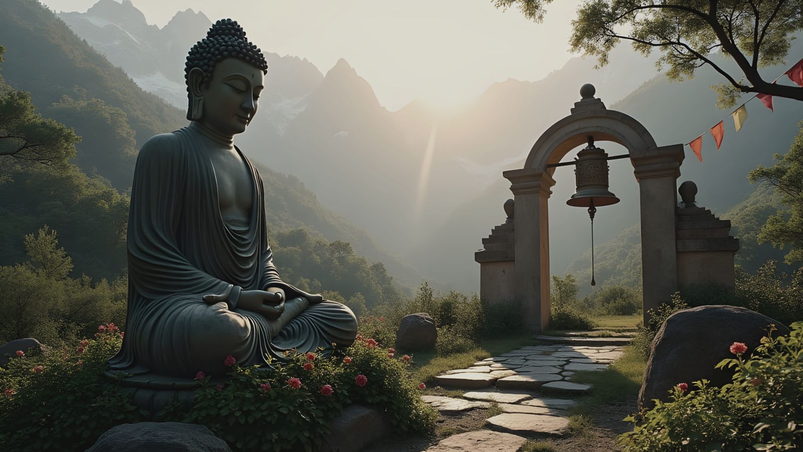 Buddha Statue in Overgrown Cemetery at Dawn